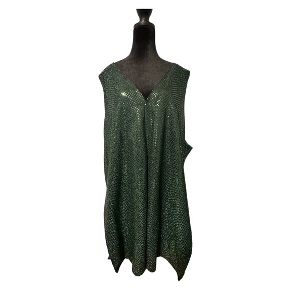 WoW! Green Metallic Sequin Cape Shacket Sleeveless Sparkle Flashy  HandMade - Picture 1 of 4